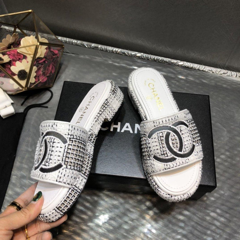 Chanel white Tweed sandals