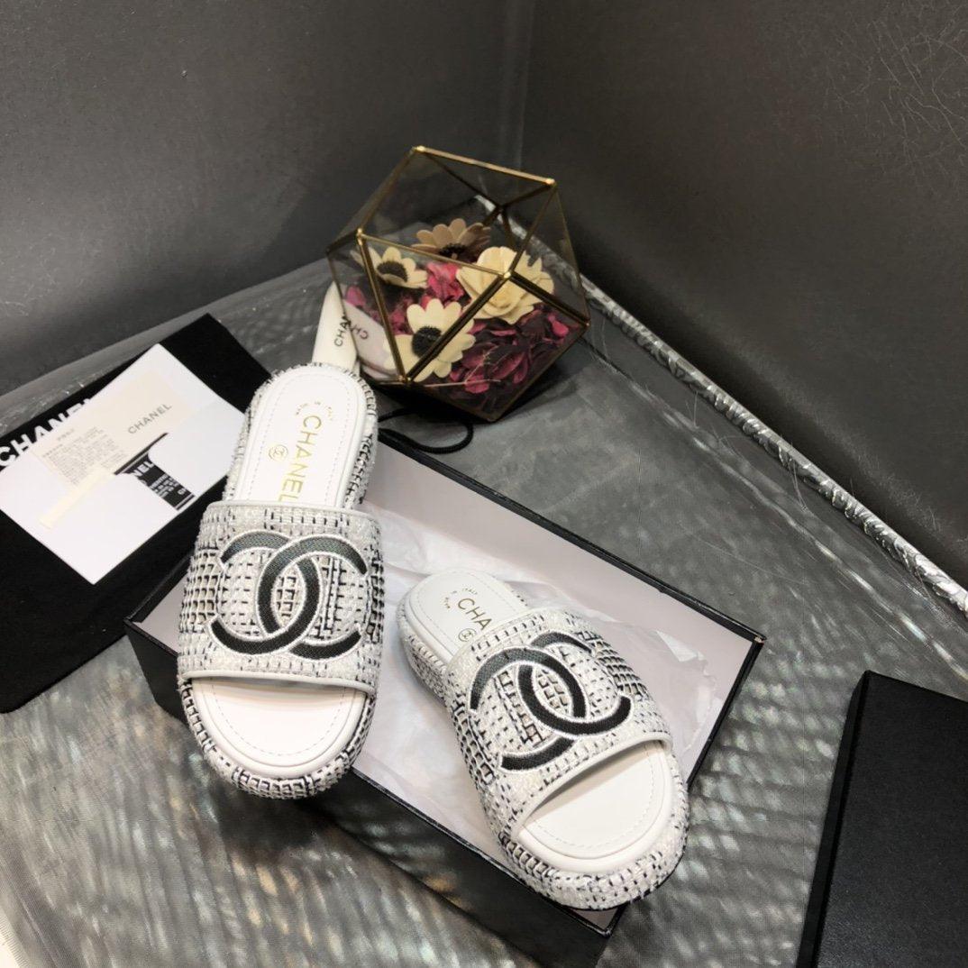 Chanel white Tweed sandals