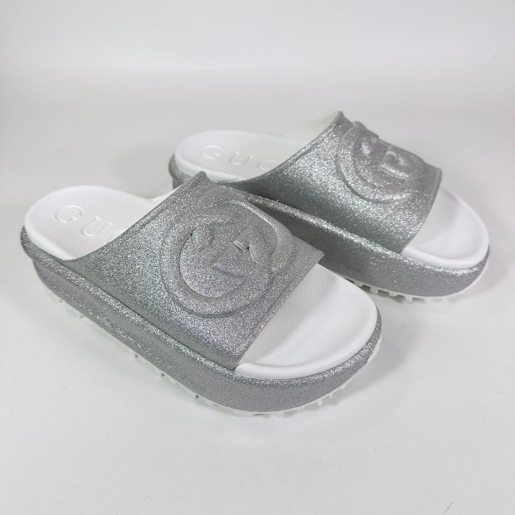 Gucci Interlocking G Platform Glitter Slide Sandal - Women’s 10
