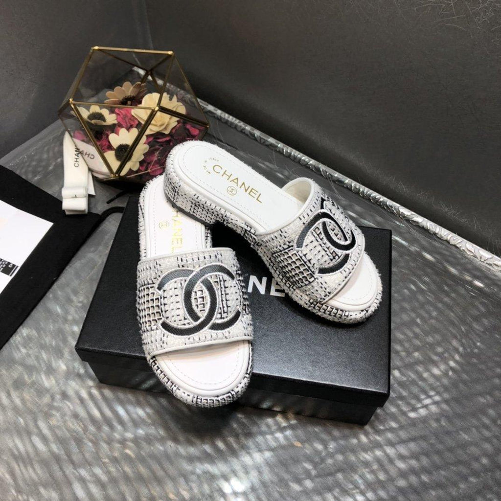 Chanel white Tweed sandals